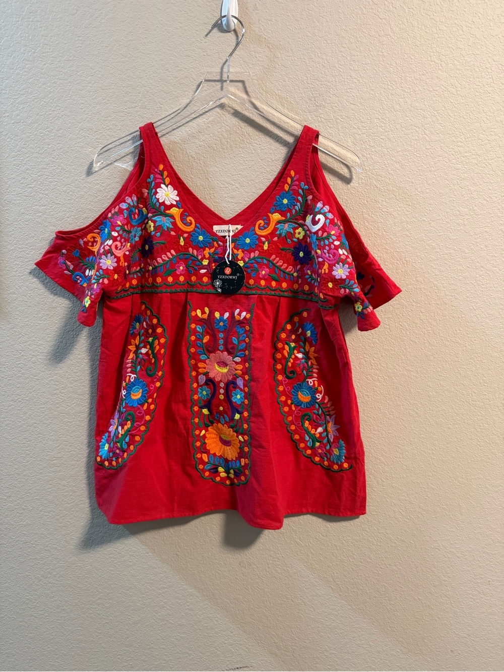 Embroidered Cold-Shoulder Boho Top - Black